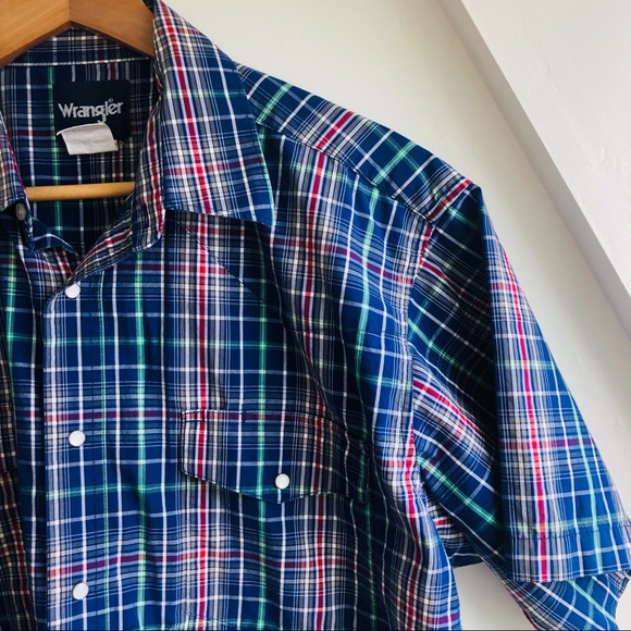 Wrangler Mens Short Sleeve Pearl Snap Blue Pink Plaid Western Casual Shirt Sz XL - Picture 3 of 9